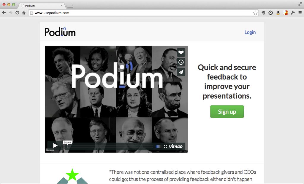 Screenshot of the Podium landing page stating "Quick and secure feedback to improve your presentations."