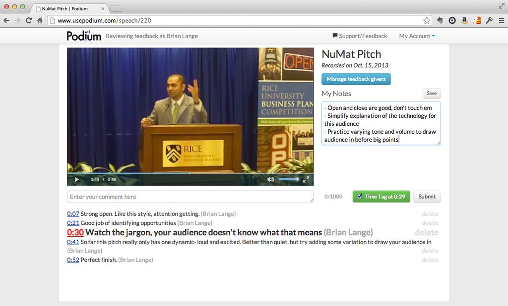 Screenshot of the Podium commenting interface for a video of a business pitch