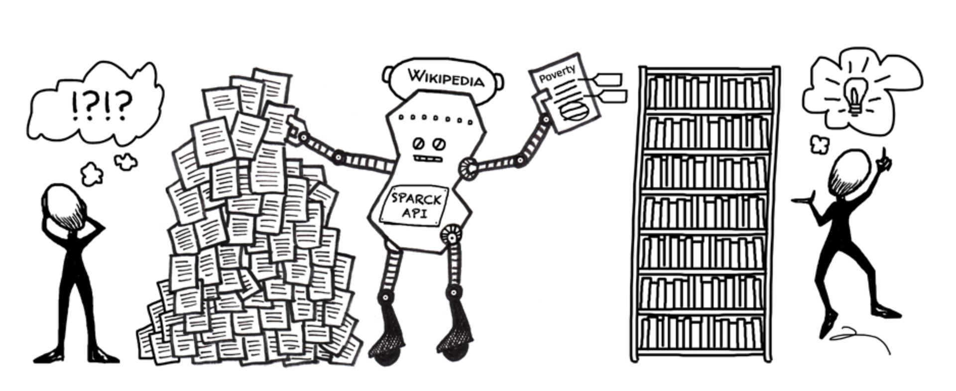 An illustration of a robot organizing a pile of papers into a well organized bookshelf